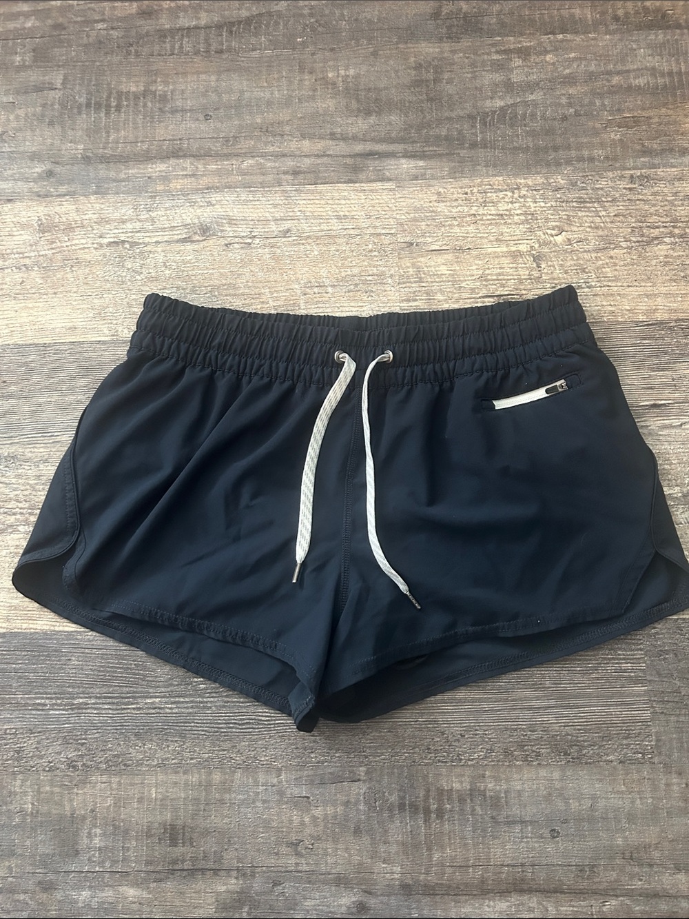 Vuori navy blue Athletic Shorts with White Drawstring and Zip Pocket